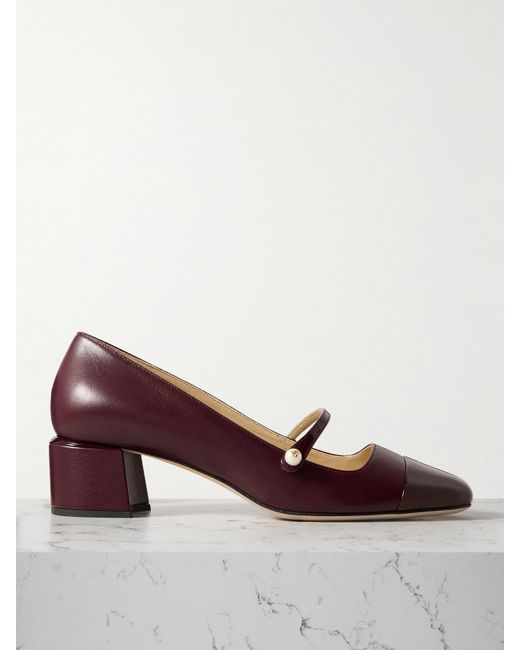Jimmy Choo Brown Elisa 45 Embellished Patent-Trimmed Leather Mary Jane Pumps