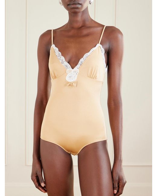 Chloé Natural Bow-Detailed Lace-Trimmed Stretch-Jersey Bodysuit