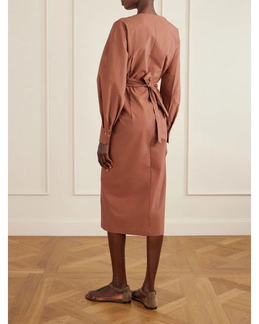 Brunello Cucinelli Brown Embellished Cotton-Blend Midi Wrap Dress