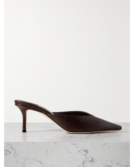 Jimmy Choo Brown Vivi 65 Embellished Croc-Effect Leather Mules