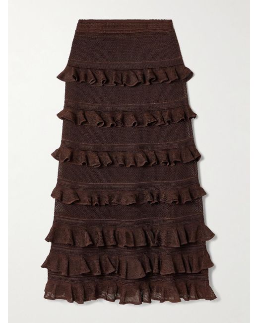 Zimmermann Brown Metallic Ruffled Pointelle-Knit Maxi Skirt