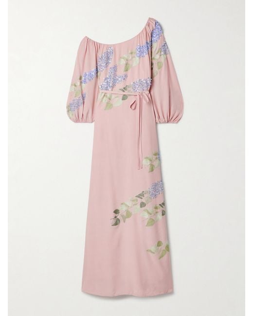 BERNADETTE Pink Nathalie Off-The-Shoulder Embellished Silk Crepe De Chine Gown