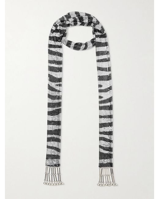 Rabanne White Fringed Zebra-Print Chainmail Scarf