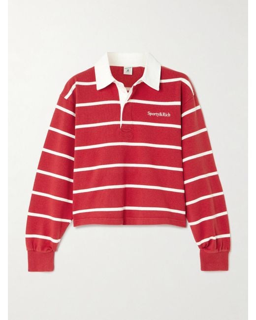 Sporty & Rich Serif Rugby Logo-Embroidered Striped Cotton-Jersey Polo Shirt