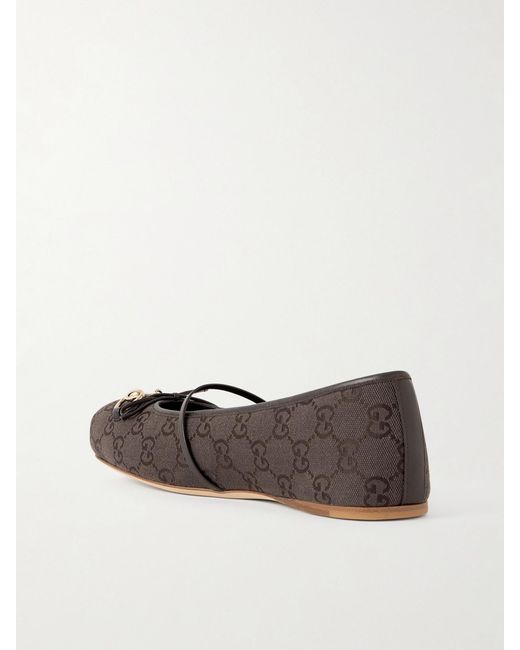 Gucci White Horsebit-Embellished Bow-Detailed Canvas-Jacquard Ballet Flats