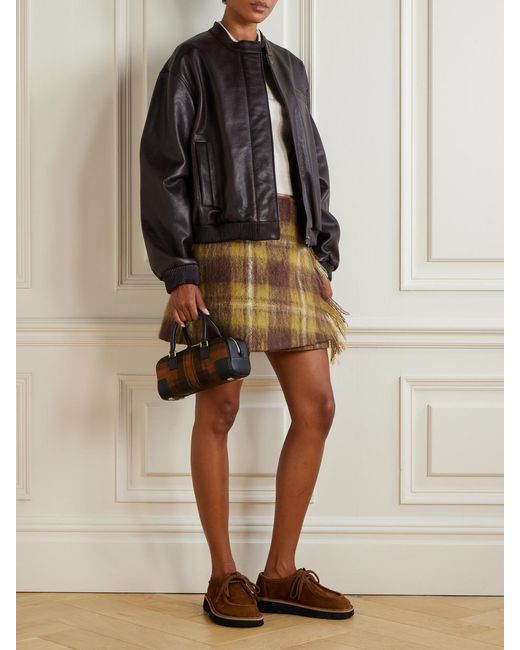 Loewe Natural Leather-Trimmed Checked Mohair And Wool-Blend Mini Wrap Skirt