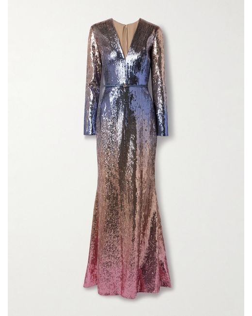 Elie Saab Pink Belted Ombré Sequined Tulle Gown
