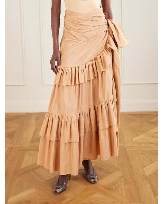 Chloé Natural Bow-Detailed Ruffled Organic Cotton-Poplin Midi Skirt