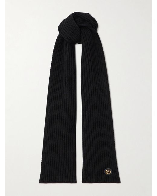 Gucci Black Schal Aus Einer Gerippten Woll-Kaschmirmischung Mit Lederbesatz Und Verzierung