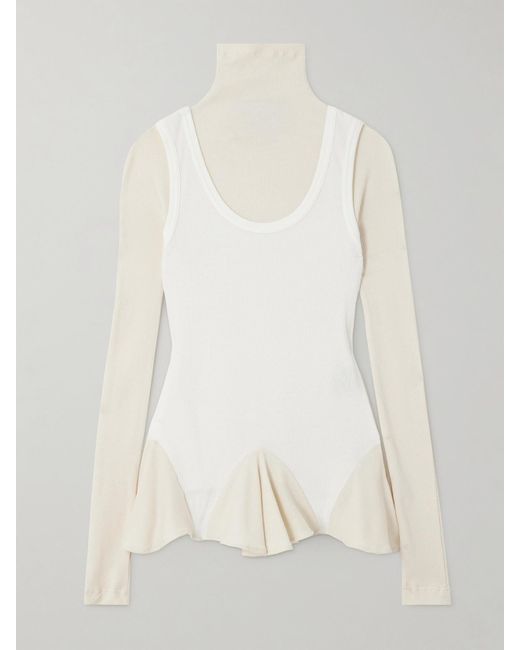 Conner Ives Natural Layered Ribbed Cotton Turtleneck Top