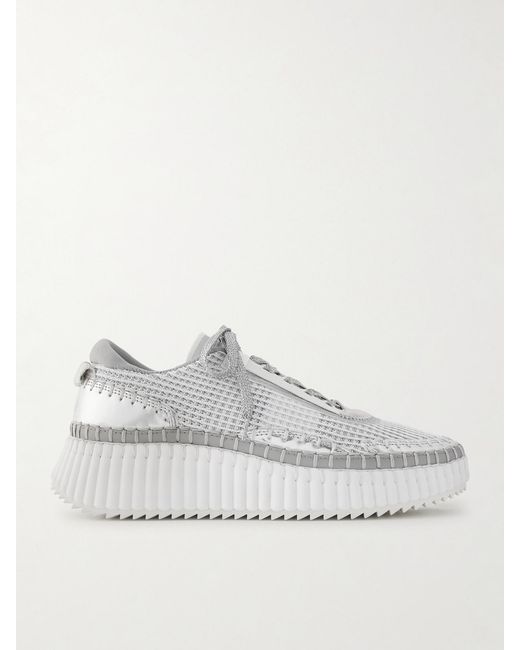 Chloé White Nama Metallic Leather-Trimmed Mesh Sneakers