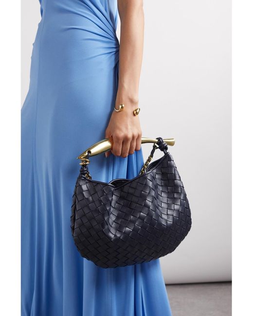 Bottega Veneta Blue Sardine Small Intrecciato Leather Shoulder Bag With Chain