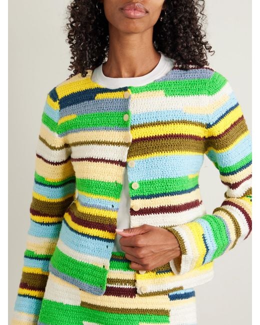 The Elder Statesman Green Striped Crocheted Organic Cotton Cardigan