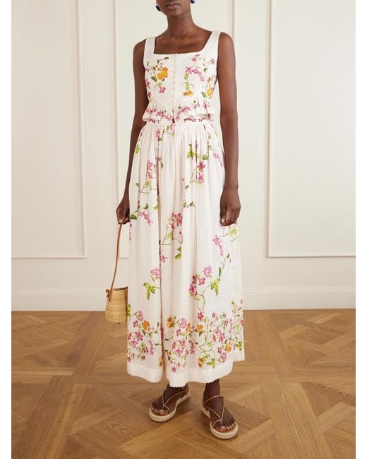 Agua Bendita Natural Tangelo Floral-Print Linen Maxi Skirt
