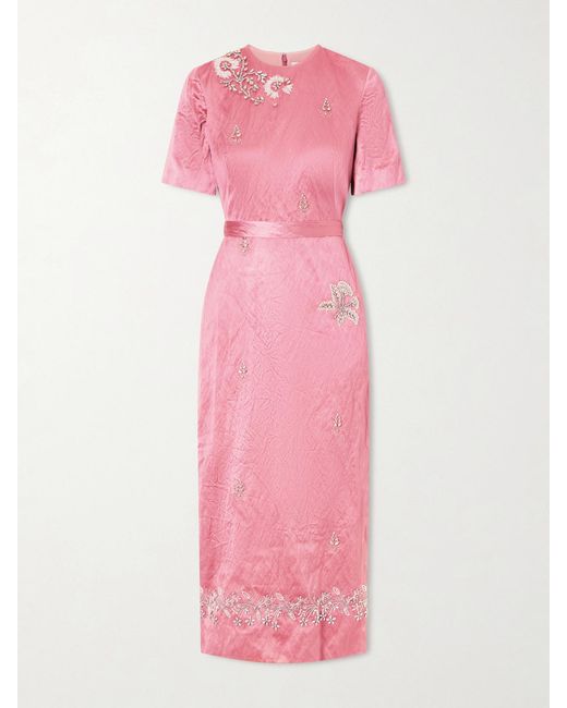 Erdem Pink Embellished Crinkled-Satin Midi Dress