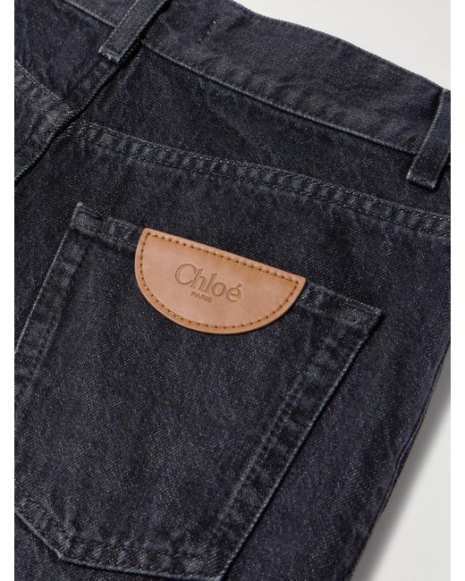 Chloé Blue Leather-Trimmed High-Rise Wide-Leg Jeans