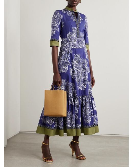 Etro Blue Floral-Print Cotton-Poplin Midi Dress