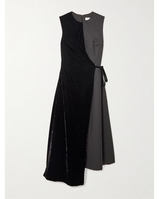 Abadia Black Asymmetric Velvet And Wool-Blend Twill Wrap Midi Dress