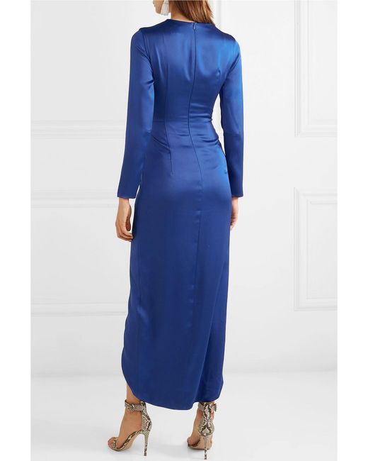 Rasario Blue Gathered Satin Midi Dress