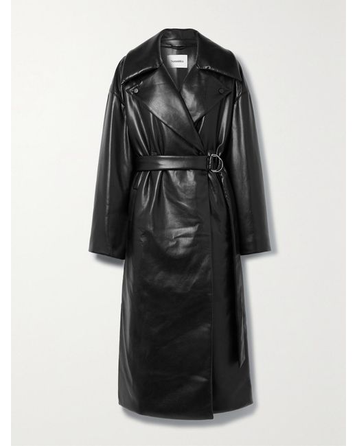 Nanushka Black Liano Wattierter Mantel Aus Recyceltem Kunstleder Mit Gürtel