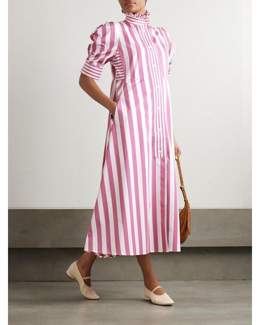 Thierry Colson Pink Venetia Ruffled Striped Cotton-Poplin Midi Dress
