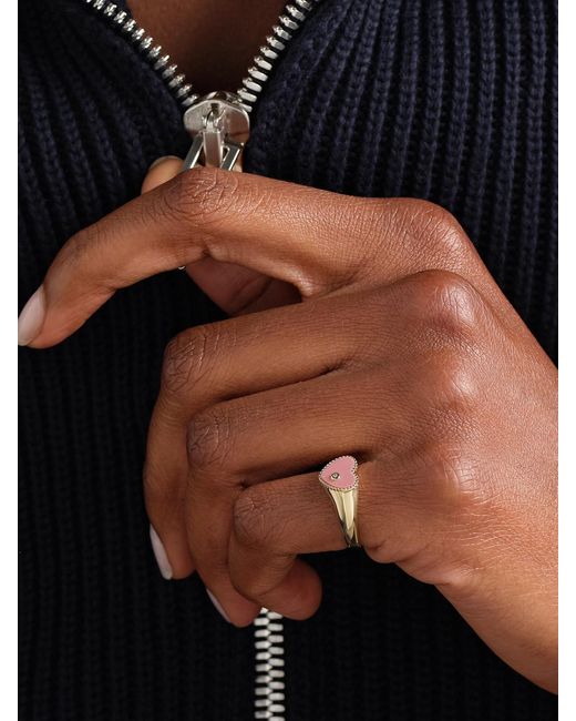 Yvonne Léon Natural Baby Chevalière 9-Karat, Coral And Diamond Signet Ring