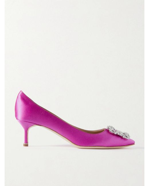 Manolo Blahnik Pink Hangisi 50 Crystal-Embellished Satin Pumps