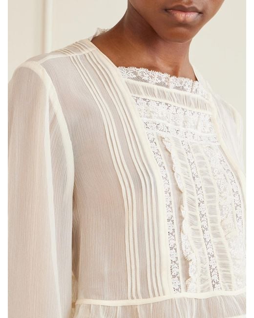 Doen White Lace-Trimmed Silk-Chiffon Shirt
