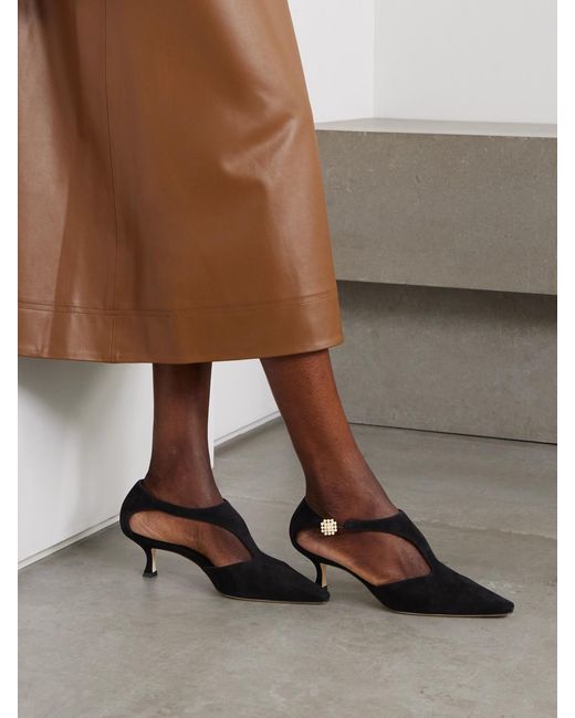 Manolo Blahnik Black Shufta 50 Embellished Suede Pumps