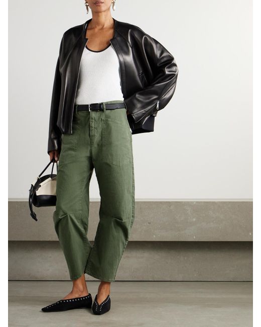 Nili Lotan Green Shon Cotton-Blend Twill Barrel-Leg Pants
