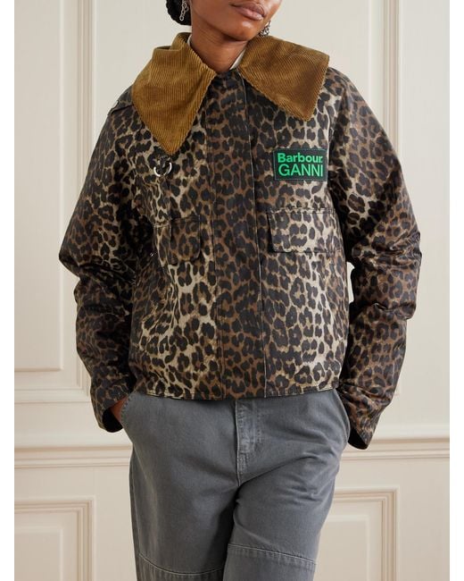 Barbour Brown Ganni Hooded Cheetah-Print Waxed-Cotton Jacket