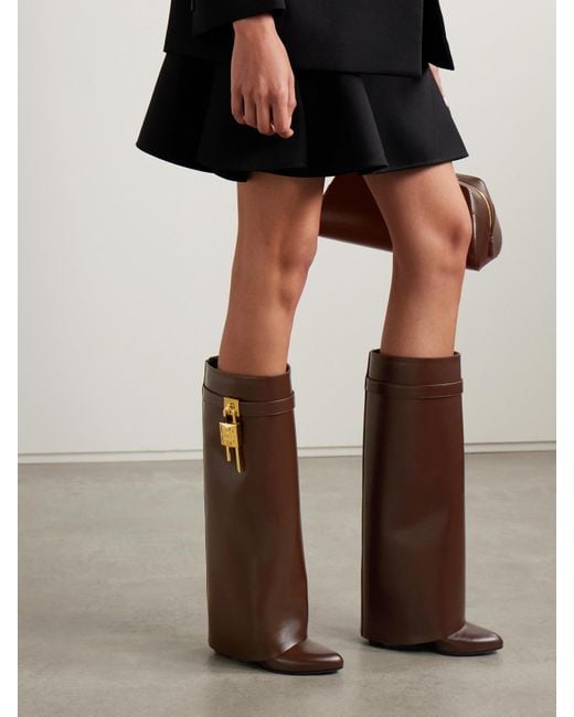 Givenchy Brown Shark Lock Embellished Glossed-Leather Knee Boots