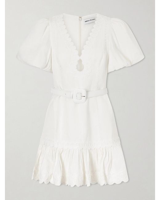 Rebecca Vallance White Kahlia Ruffled Scalloped Linen-Blend Mini Dress