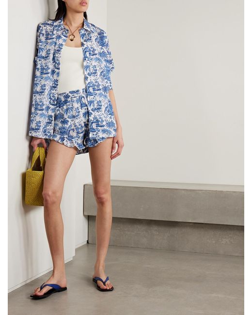 Staud Blue Boyana Ruffled Gathered Cotton-Voile Shorts