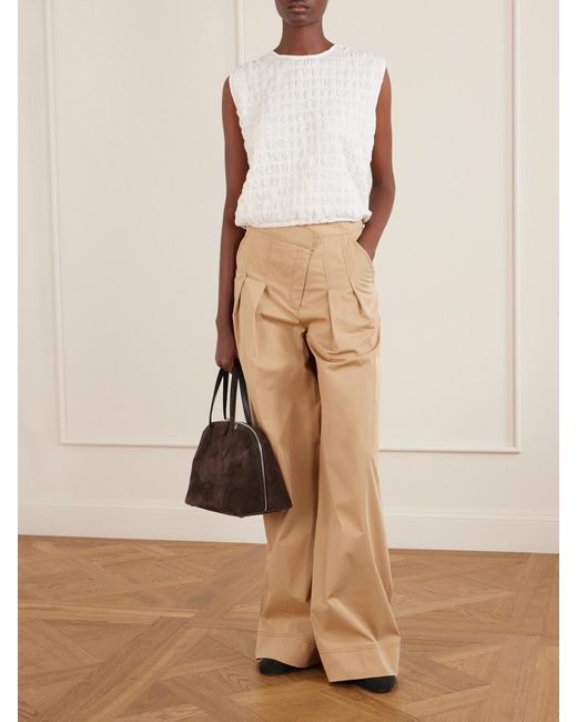 Veronica Beard Natural Pleated Cotton-Blend Twill High-Rise Wide-Leg Pants