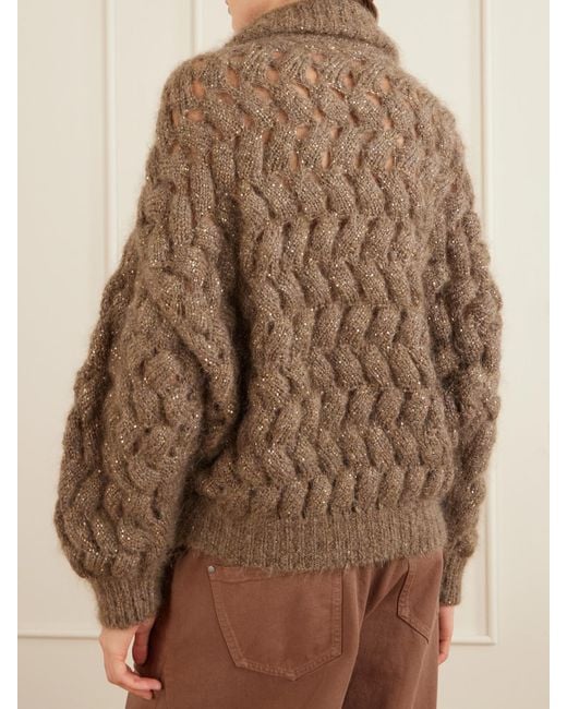 Brunello Cucinelli Brown Sequin-Embellished Mohair-Blend Zip-Up Cardigan