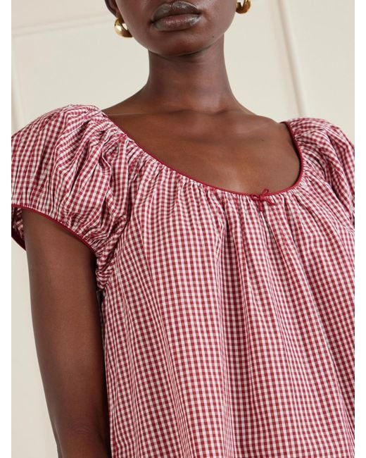 Doen Pink Julia Gathered Checked Organic Cotton Midi Dress