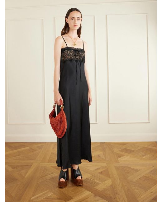 Chloé Black Lace-Trimmed Silk-Satin Midi Dress