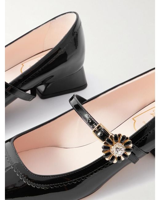 Roger Vivier Black Très Vivier Flower 25 Crystal-Embellished Patent-Leather Mary Jane Pumps