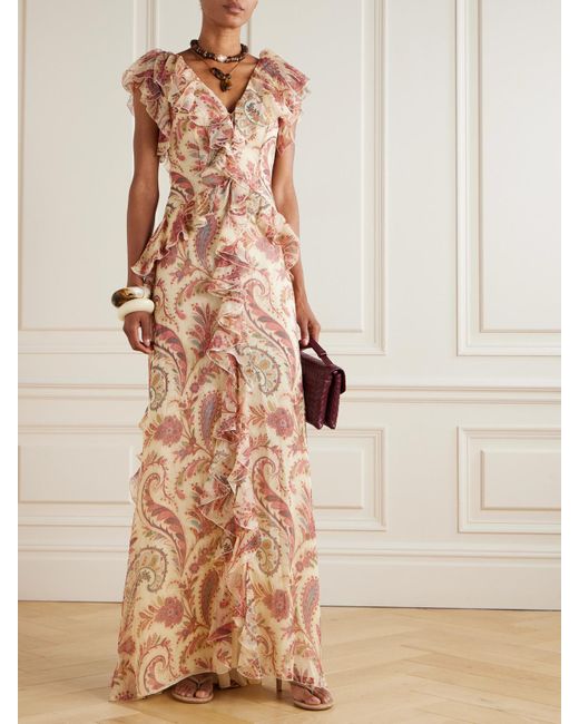 Etro Natural Ruffled Printed Silk-Crepon Maxi Dress