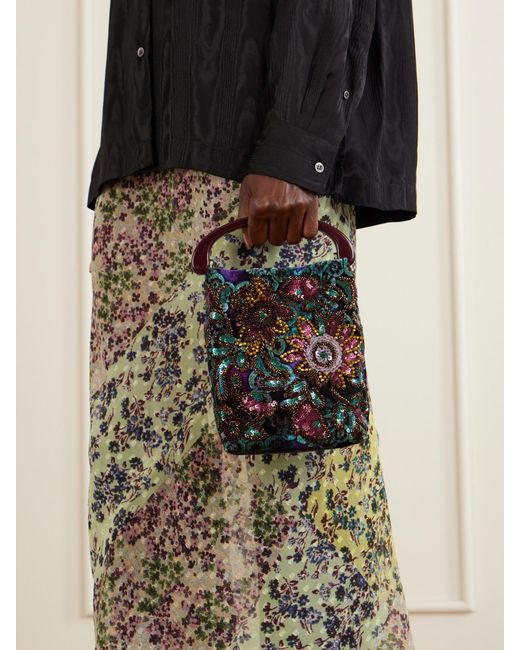 Dries Van Noten Black Bead-Embellished Printed Leather-Trimmed Velvet Tote