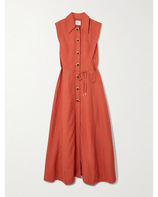 Robe-Chemise Longue En Lin Mélangé À Ornements Et À Ceinture Aje. en coloris Red