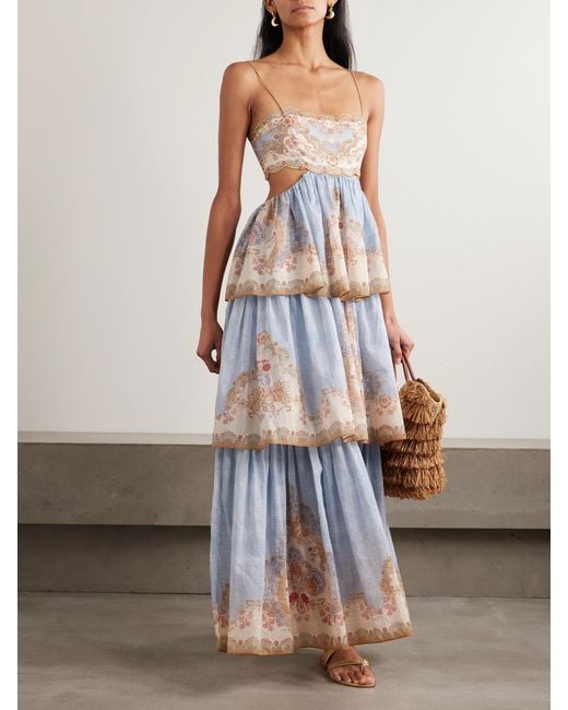 Zimmermann Daylight Cutout Tiered Printed Cotton-Blend Voile Maxi Dress in  White | Lyst