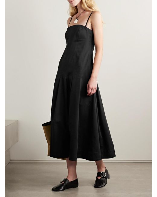 Kallmeyer Black Maeve Pleated Cotton-Blend Twill Midi Dress