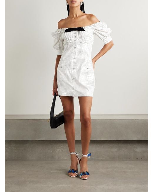 Alessandra Rich White Velvet-Trimmed Ruffled Polka-Dot Cotton-Poplin Mini Dress