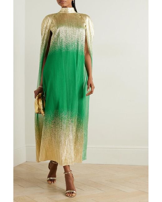 Dima Ayad Green Metallic Plissé-Tulle Gown And Cape Set