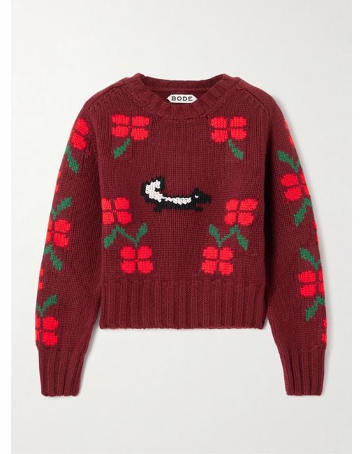 Bode Red Intarsia-Knit Wool Sweater