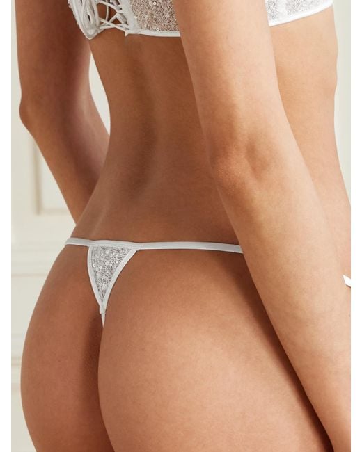 Kiki de Montparnasse White Ange Sequin-Embellished Embroidered Tulle Thong