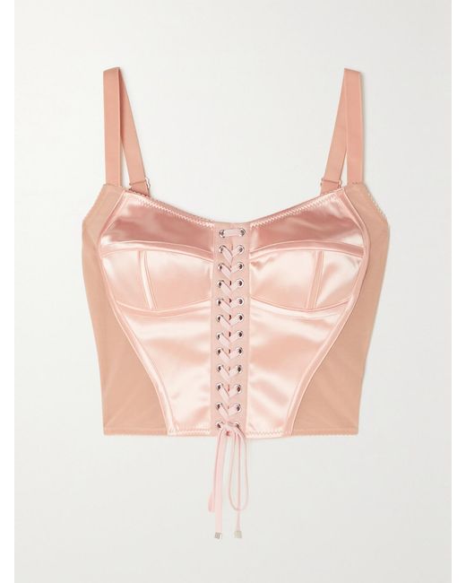 Dolce & Gabbana Pink Lace-Up Satin And Mesh Bustier Top