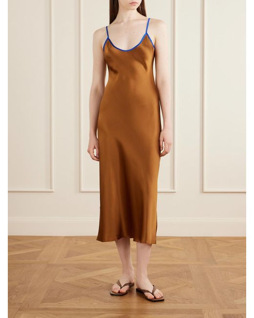 Comme Si Brown Bias Silk-Charmeuse Slip Midi Dress